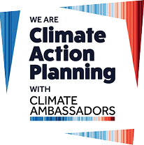 Badge reading "We Are Climate Action Planning with Climate Ambassadors" text and blue-red gradient bands.
