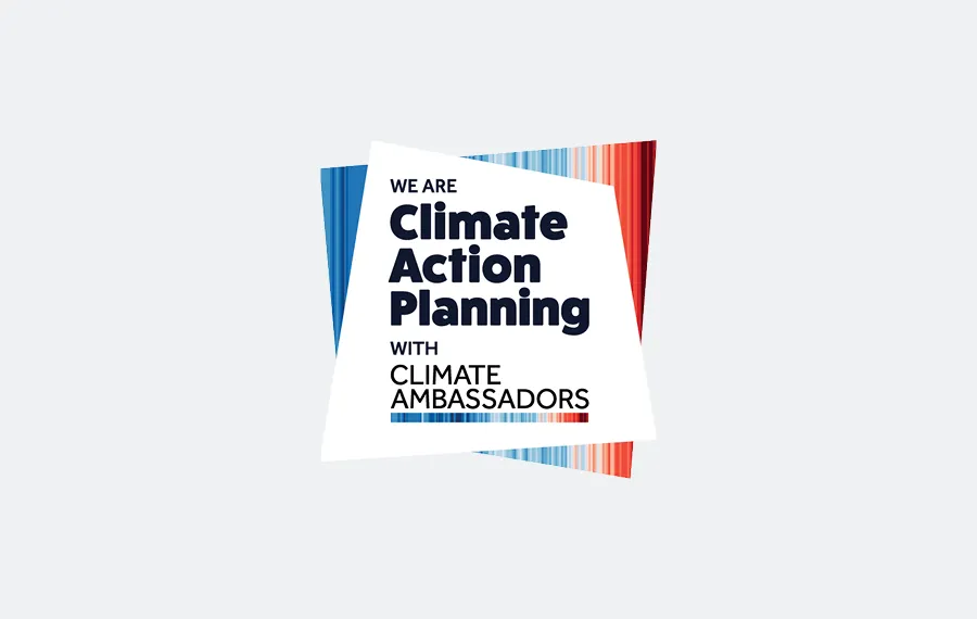 Badge reading "We Are Climate Action Planning with Climate Ambassadors" text and blue-red gradient bands.