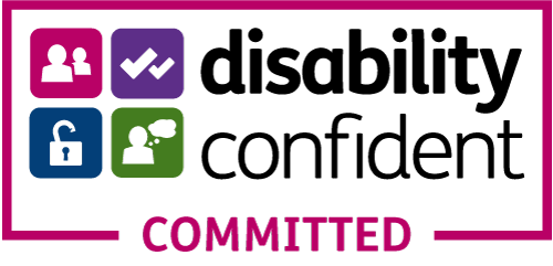 Four coloured icons representing user connections, tasks, unlocked security, and user speech, above the word COMMITTED. This is the logo for "Disability Confident: Committed"