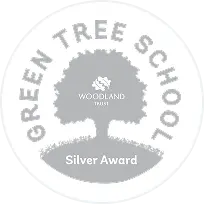 Green Tree School Silver Award from Woodland Trust featuring a tree silhouette.
