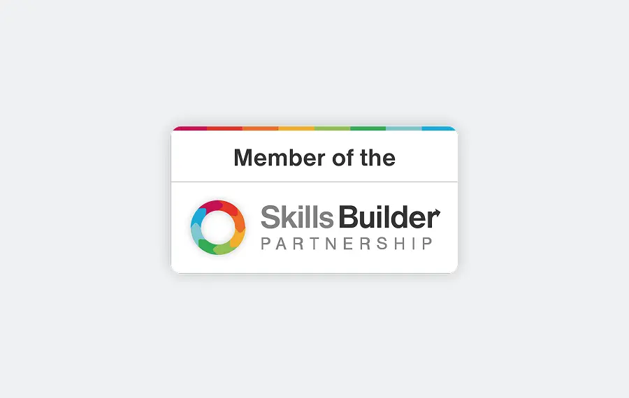 Membership badge for Skills Builder Partnership with colourful circular logo and text.