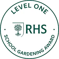 Round RHS Level One School Gardening Award badge with tree emblem in centre.