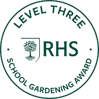 Round RHS Level Three School Gardening Award badge with tree emblem in centre.