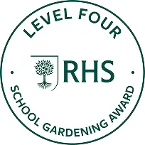 Round RHS Level Four School Gardening Award badge with tree emblem in centre.