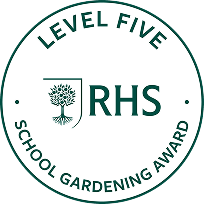 Round RHS Level Five School Gardening Award badge with tree emblem in centre.