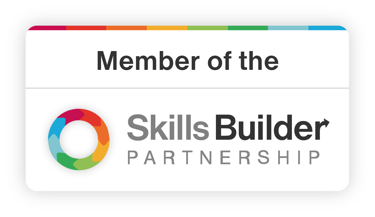 Membership badge for Skills Builder Partnership with colourful circular logo and text.