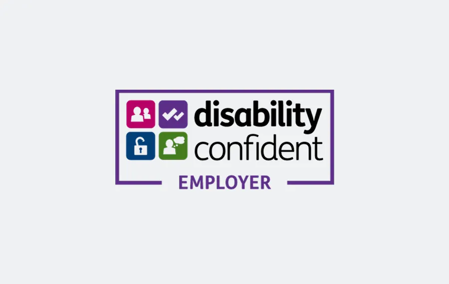 Four coloured icons representing user connections, tasks, unlocked security, and user speech, above the word EMPLOYER. This is the logo for "Disability Confident: Employer"
